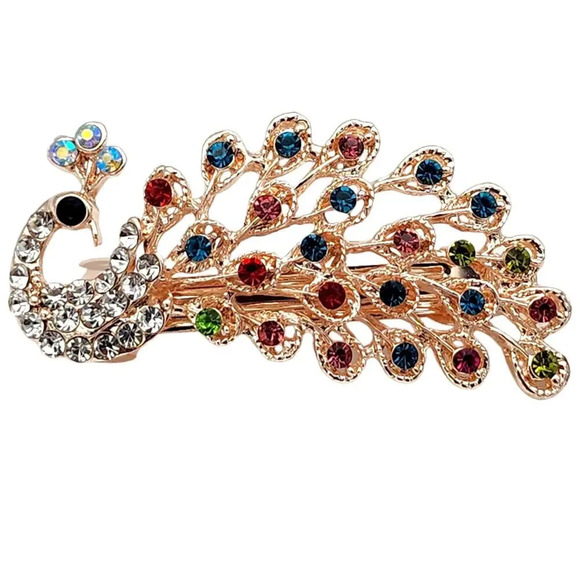 Peacock Colorful Rhinestone Rose Gold Tone Womens Girls Hair Clip - Picture 1 of 10